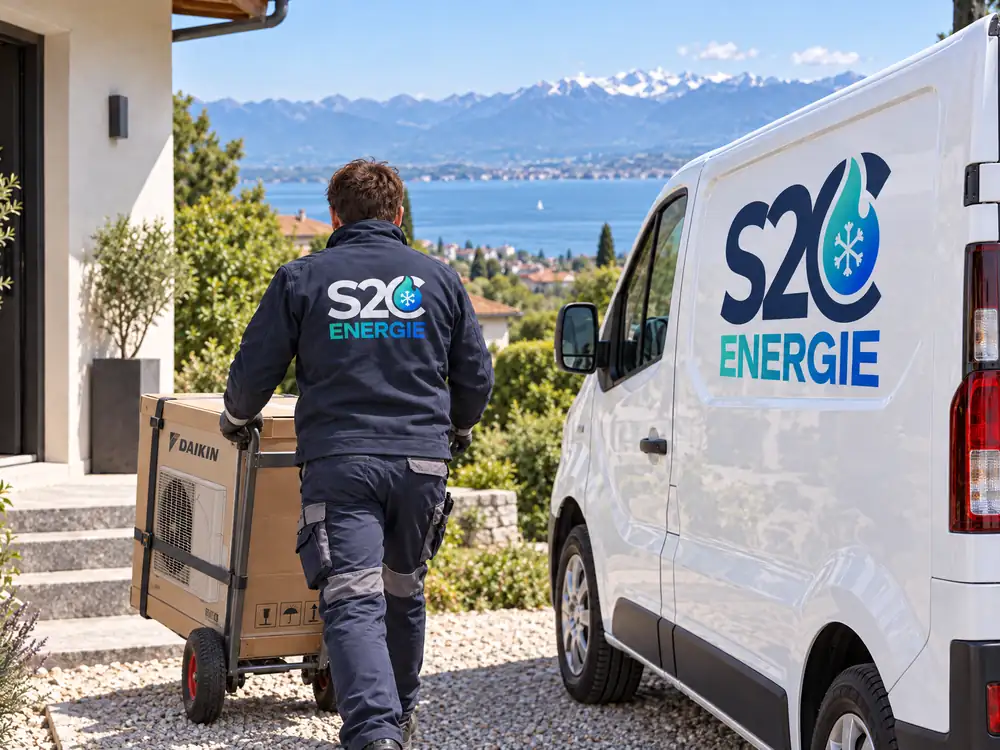 Livraison de pompe à chaleur à Thonon-les-Bains : technicien S2C Energie amenant l'unité Daikin au diable depuis l'utilitaire